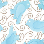 Turquoise and pale aqua birds with brown swirls on white quilting fabric for patchwork quilt blocks cushion covers zip pouches and gifts for bird lovers