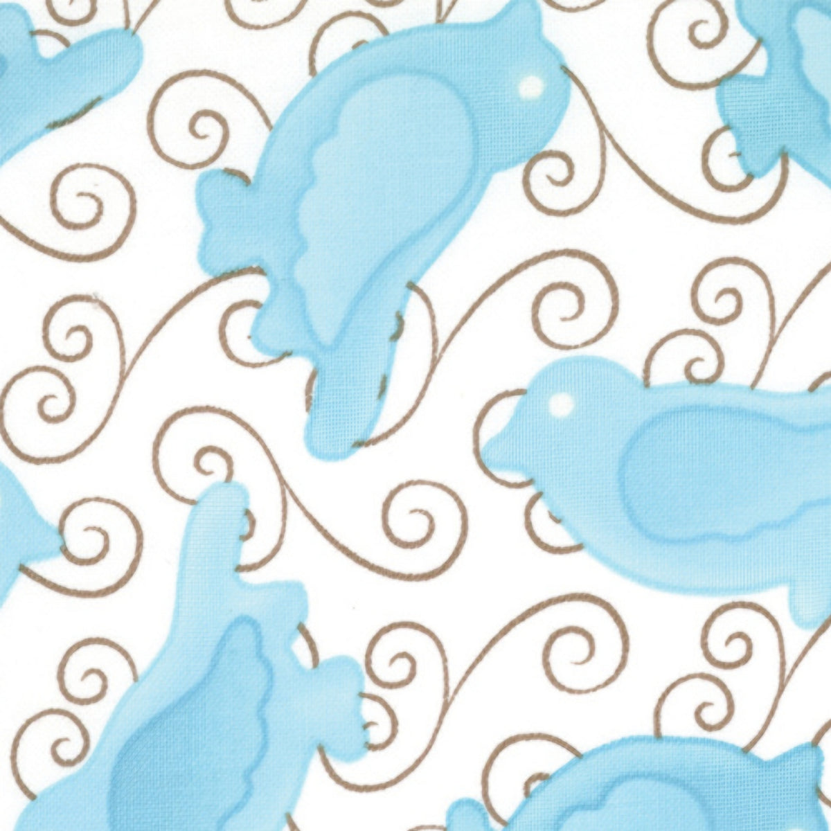 Turquoise and pale aqua birds with brown swirls on white quilting fabric for patchwork quilt blocks cushion covers zip pouches and gifts for bird lovers