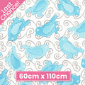 Turquoise and aqua birds with brown swirls on white quilting fabric for patchwork quilt blocks cushion covers zip pouches and gifts for bird lovers