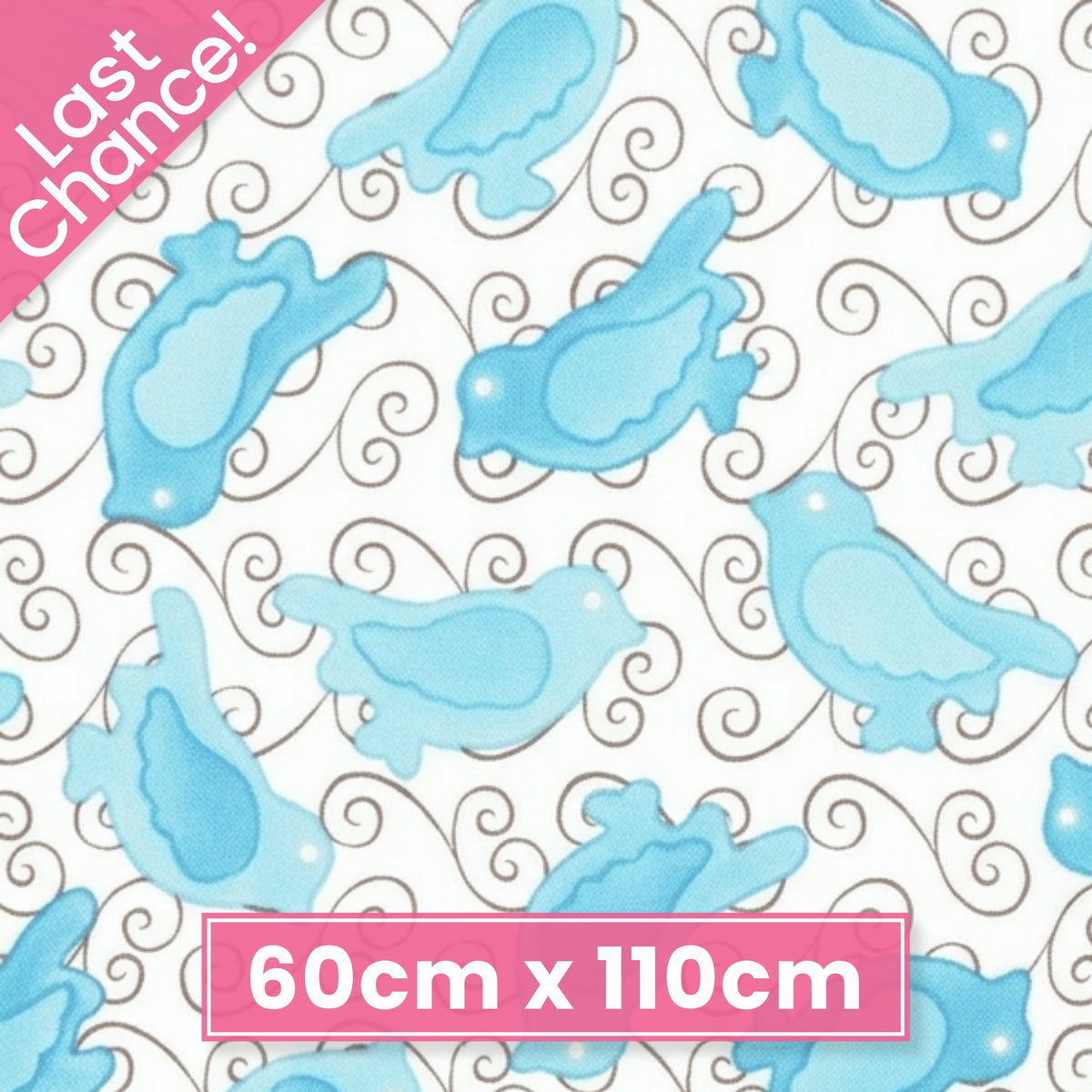 Turquoise and aqua birds with brown swirls on white quilting fabric for patchwork quilt blocks cushion covers zip pouches and gifts for bird lovers