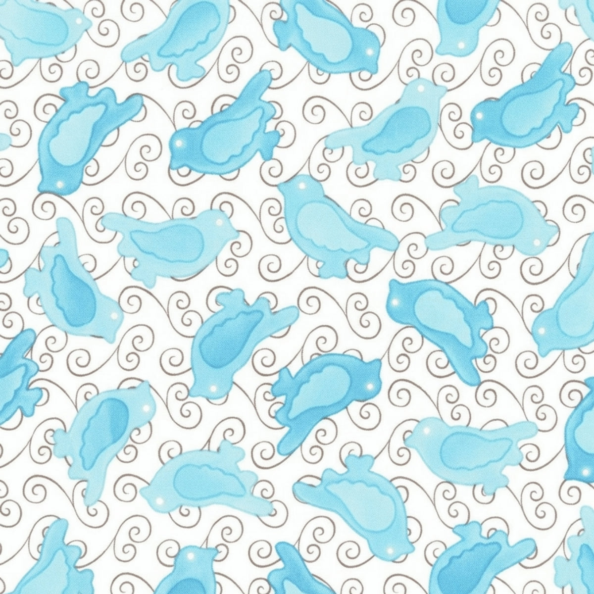 Turquoise and pale aqua birds with brown swirls on white quilting fabric for patchwork quilt blocks cushion covers zip pouches and gifts for bird lovers