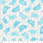 Turquoise and pale aqua birds with brown swirls on white quilting fabric for patchwork quilt blocks cushion covers zip pouches and gifts for bird lovers