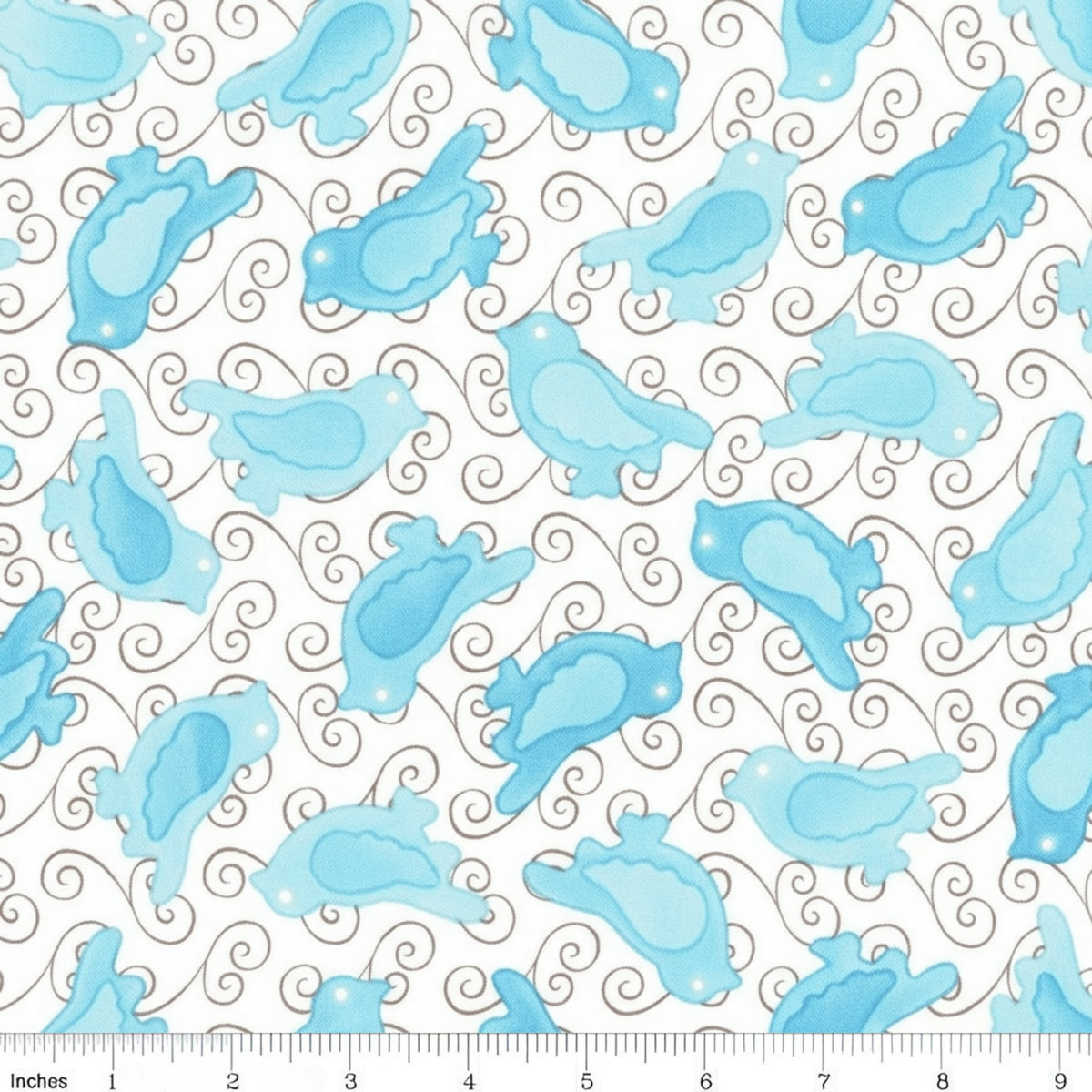 Turquoise and pale aqua birds with brown swirls on white quilting fabric for patchwork quilt blocks cushion covers zip pouches and gifts for bird lovers