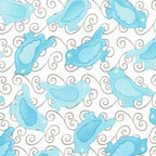 Turquoise and aqua birds with brown swirls on white quilting fabric for patchwork quilt blocks cushion covers zip pouches and gifts for bird lovers