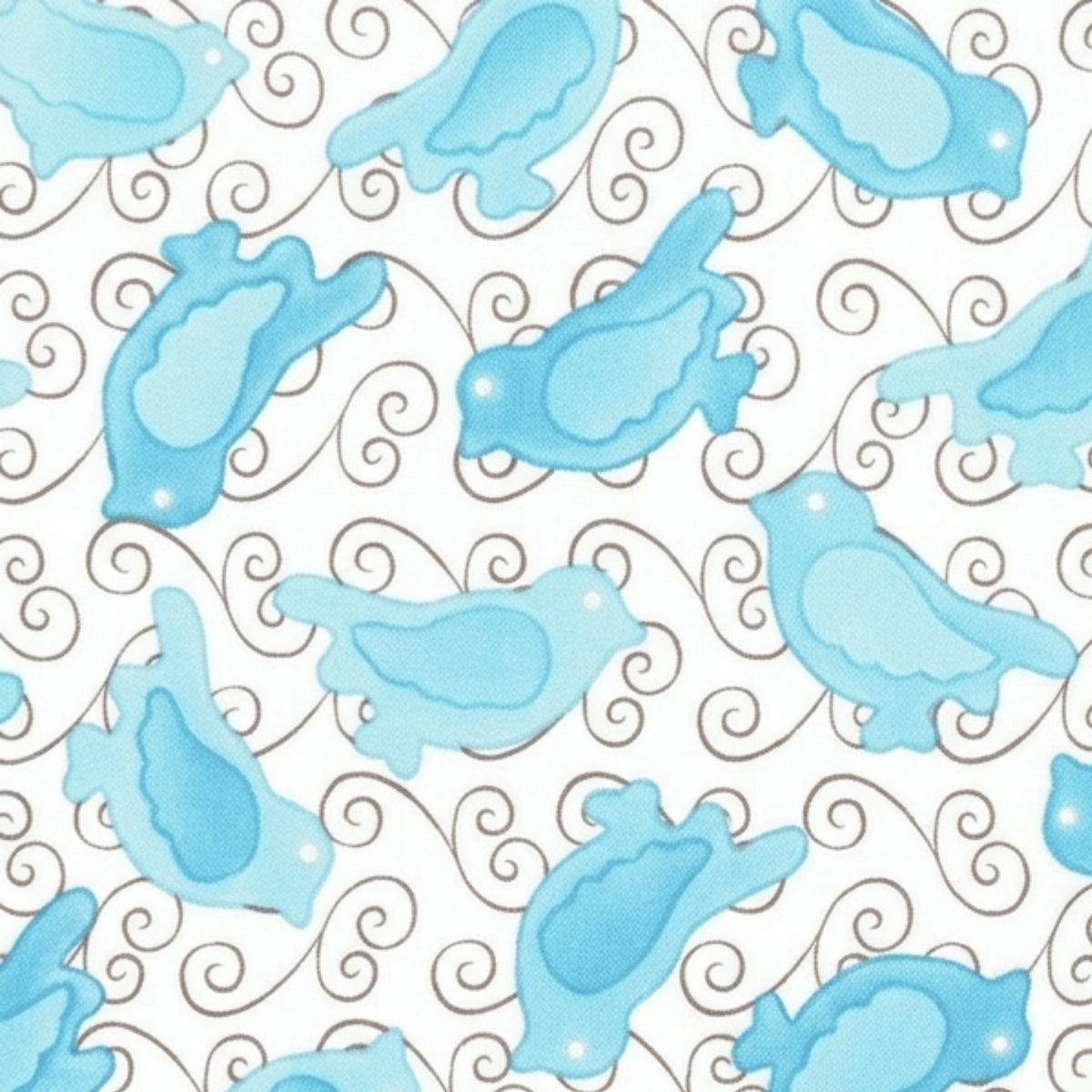 Turquoise and aqua birds with brown swirls on white quilting fabric for patchwork quilt blocks cushion covers zip pouches and gifts for bird lovers