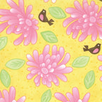 Pink flowers and brown birds with green leaves on yellow quilting fabric for floral patchwork quilts borders cushion covers and tote bags