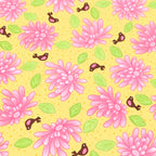 Pink flowers and brown birds with green leaves on yellow quilting fabric for floral patchwork quilts borders cushion covers and tote bags