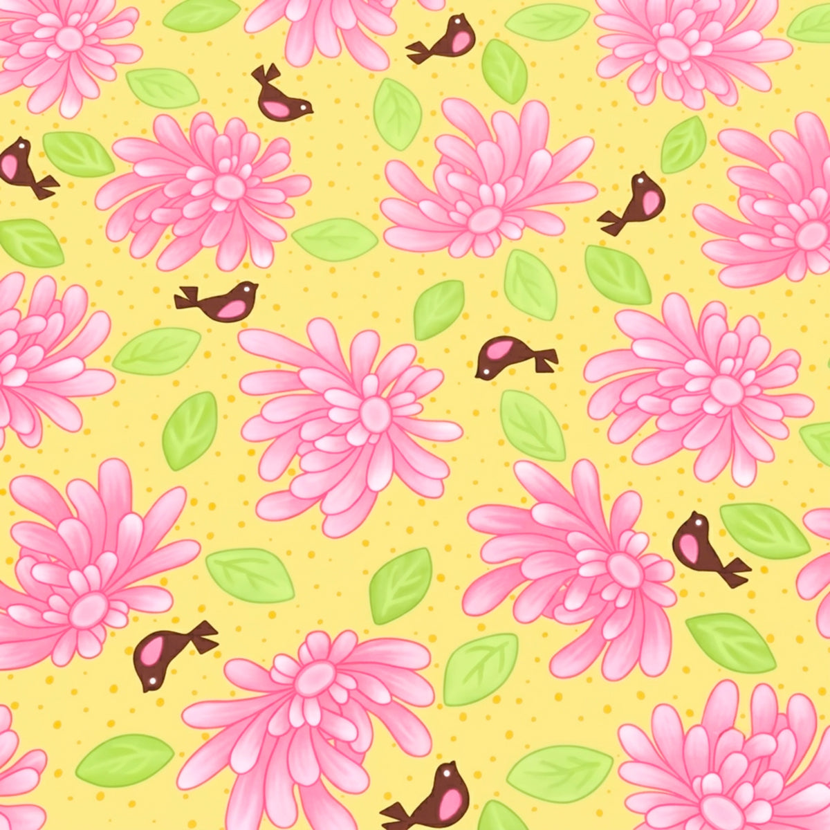 Pink flowers and brown birds with green leaves on yellow quilting fabric for floral patchwork quilts borders cushion covers and tote bags