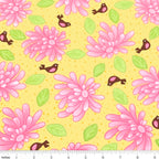 Pink flowers and brown birds with green leaves on yellow quilting fabric for floral patchwork quilts borders cushion covers and tote bags