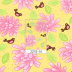 Pink flowers and brown birds with green leaves on yellow quilting fabric for floral patchwork quilts borders cushion covers and tote bags