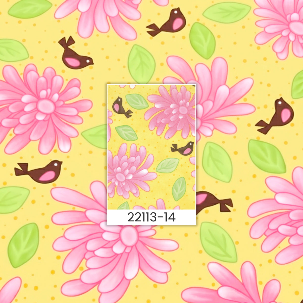 Pink flowers and brown birds with green leaves on yellow quilting fabric for floral patchwork quilts borders cushion covers and tote bags