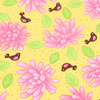 Pink flowers and brown birds with green leaves on yellow quilting fabric for floral patchwork quilts borders cushion covers and tote bags
