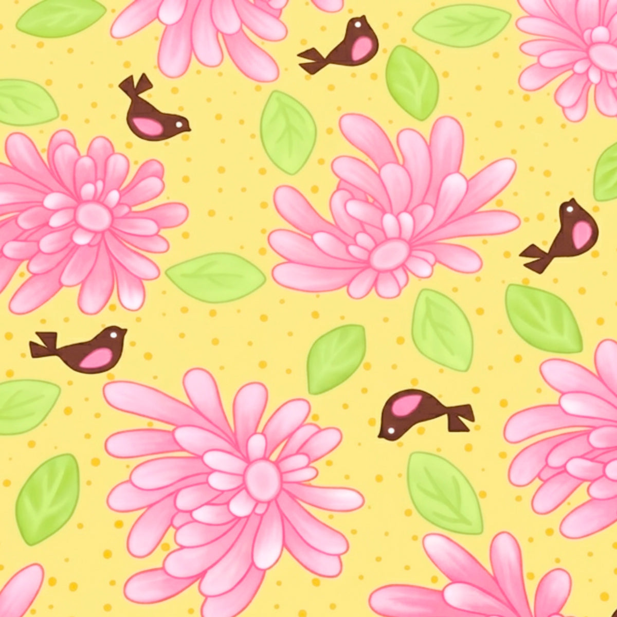 Pink flowers and brown birds with green leaves on yellow quilting fabric for floral patchwork quilts borders cushion covers and tote bags