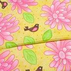 Novelty pink daisy flowers tiny birds and green leaves on yellow quilting cotton for children's quilts girls and kids patchwork