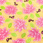 Novelty pink daisy flowers tiny birds and green leaves on yellow quilting cotton for children's quilts girls and kids patchwork