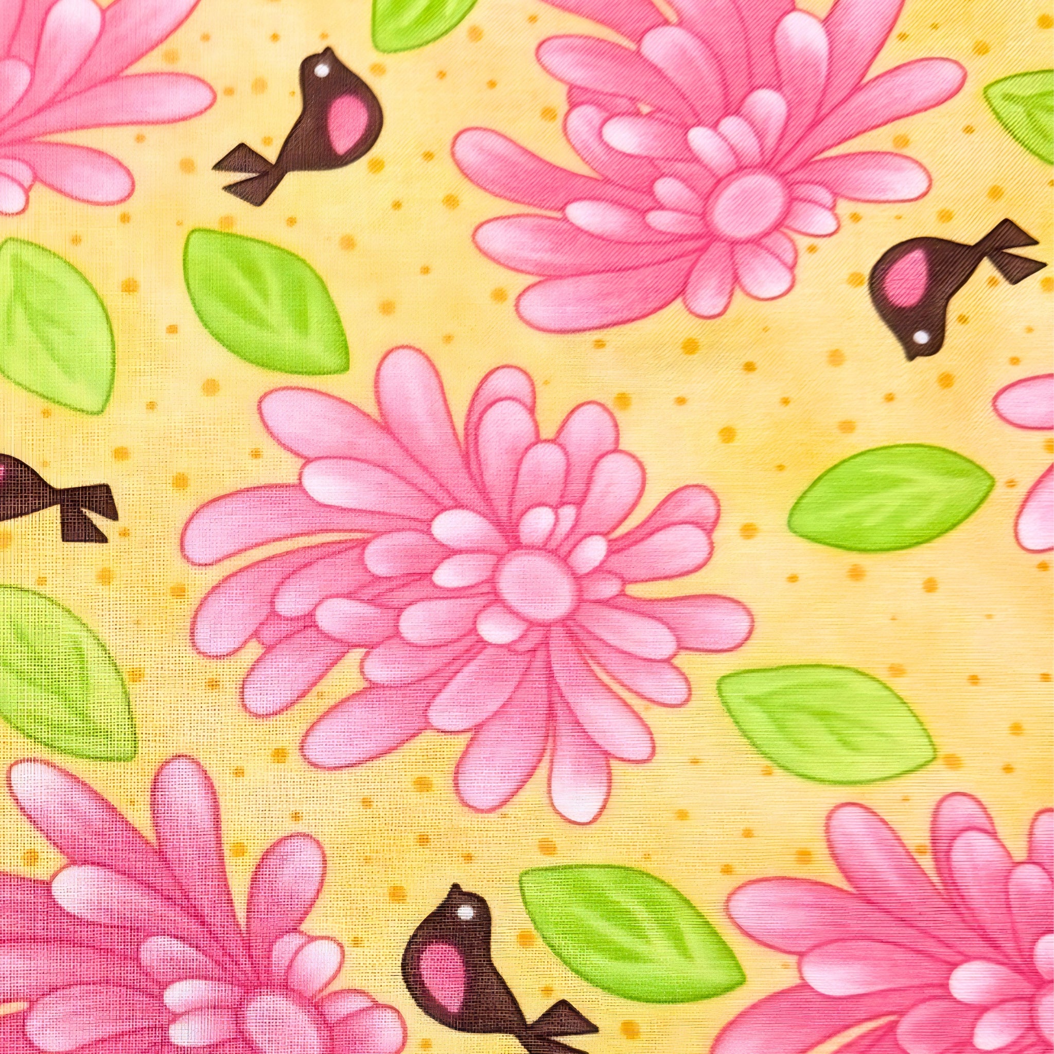 Novelty pink daisy flowers tiny birds and green leaves on yellow quilting cotton for children's quilts girls and kids patchwork
