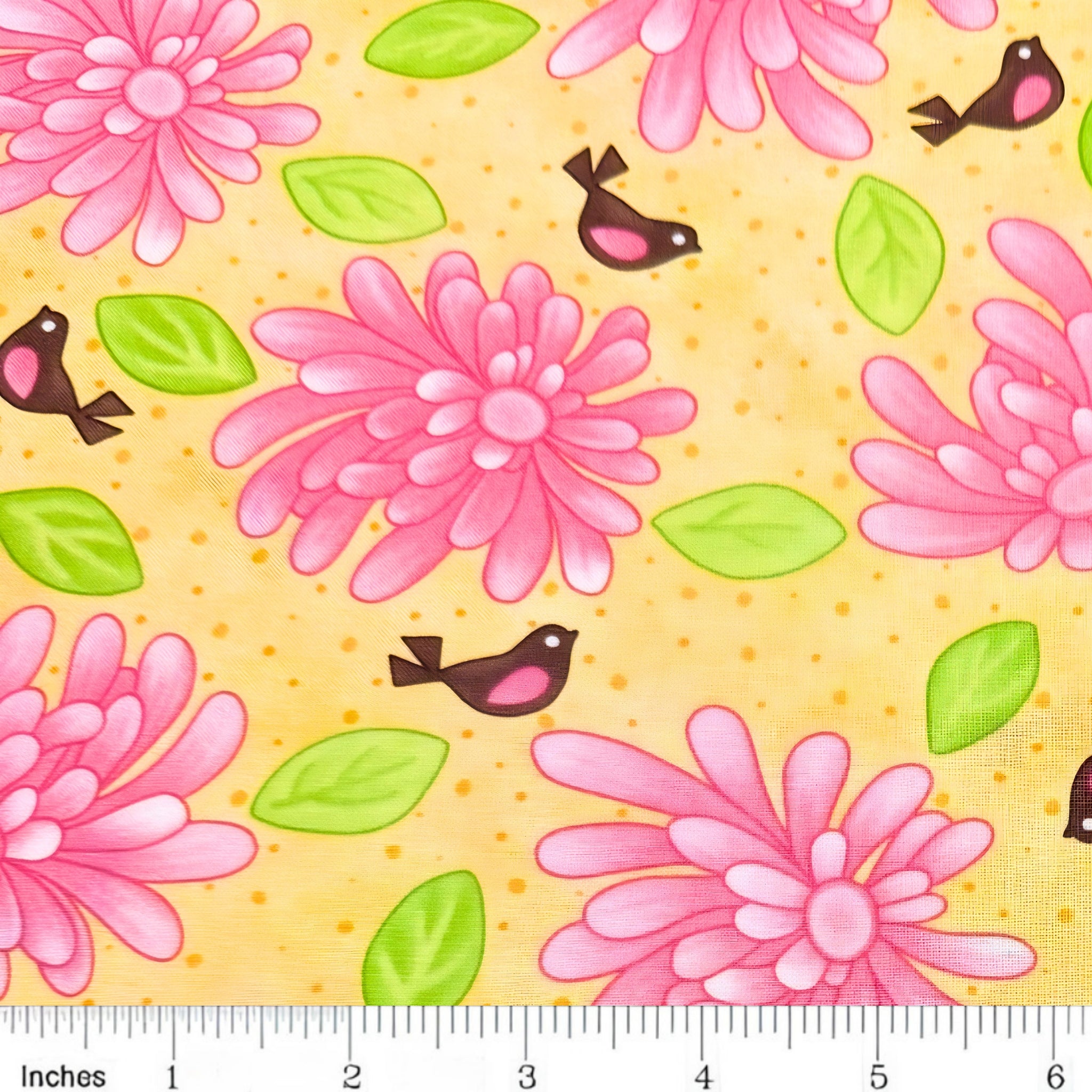 Novelty pink daisy flowers tiny birds and green leaves on yellow quilting cotton for children's quilts girls and kids patchwork