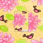 Novelty pink daisy flowers tiny birds and green leaves on yellow quilting cotton for children's quilts girls and kids patchwork
