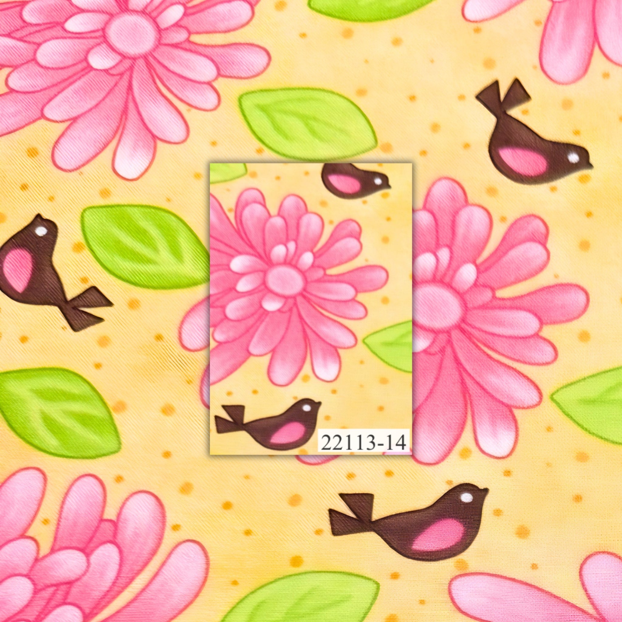 Novelty pink daisy flowers tiny birds and green leaves on yellow quilting cotton for children's quilts girls and kids patchwork
