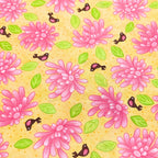 Novelty pink daisy flowers tiny birds and green leaves on yellow quilting cotton for children's quilts girls and kids patchwork