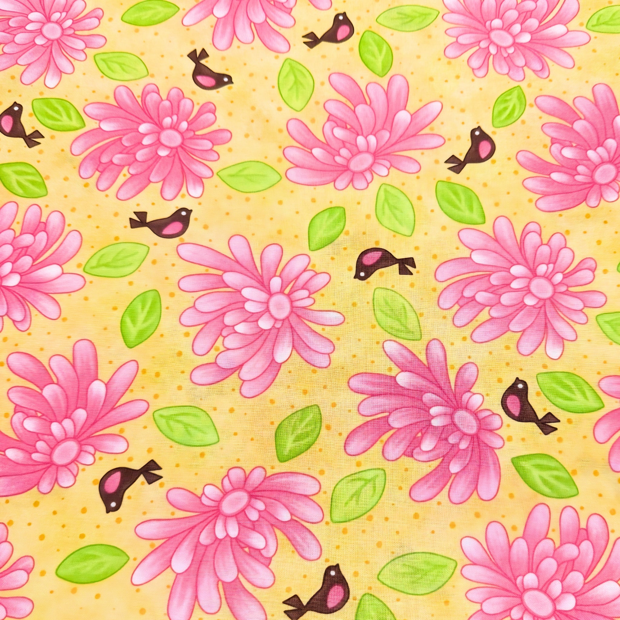 Novelty pink daisy flowers tiny birds and green leaves on yellow quilting cotton for children's quilts girls and kids patchwork