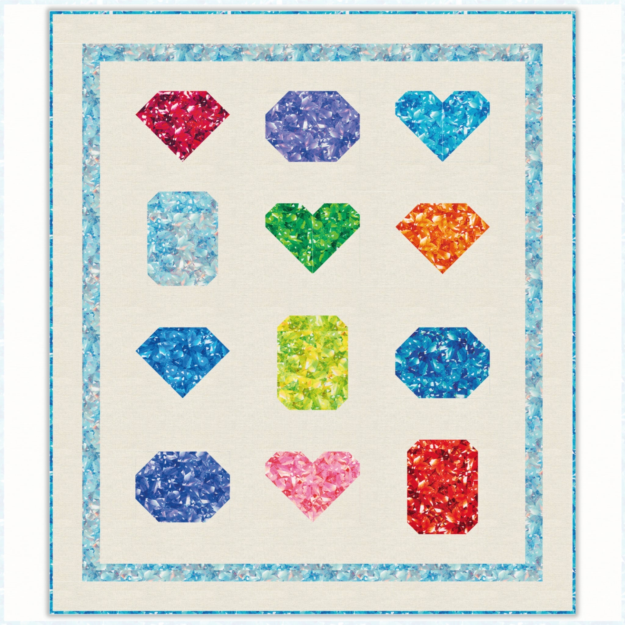 Birthstones Jewels quilt pattern Robert Kaufman gemstone heart diamond shapes all colourways jewel-toned patchwork project idea