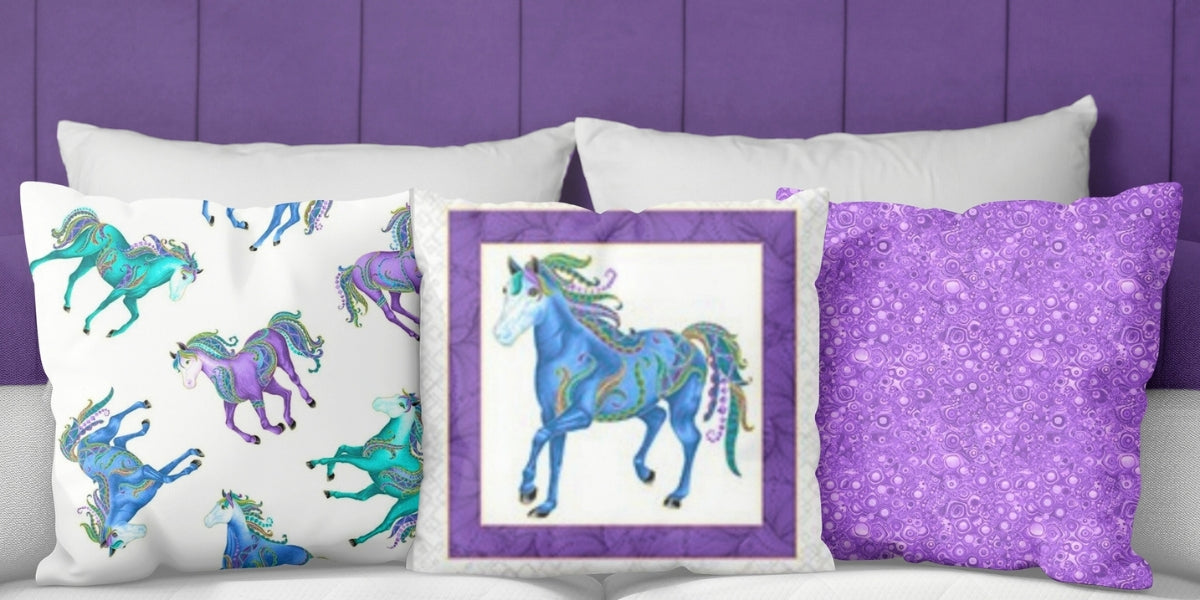 Decorative pillows with horse designs on a purple headboard
