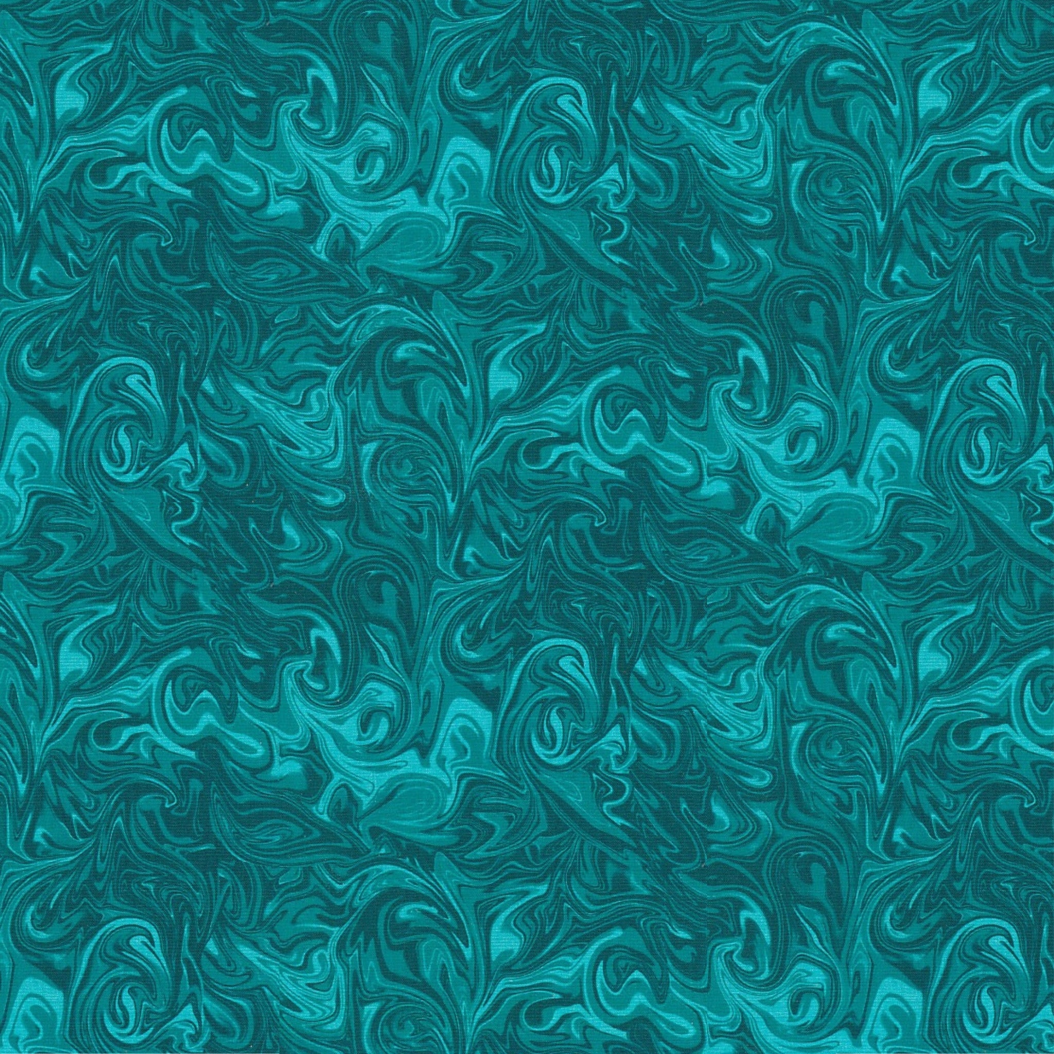 Swirling marbled teal turquoise blender fabric for ocean waves beach quilts backgrounds sashing and patchwork projects