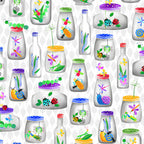 Novelty bugs in jars ladybird dragonfly beetle snail insect multicolour white fabric for children's quilts and kids novelty patchwork projects