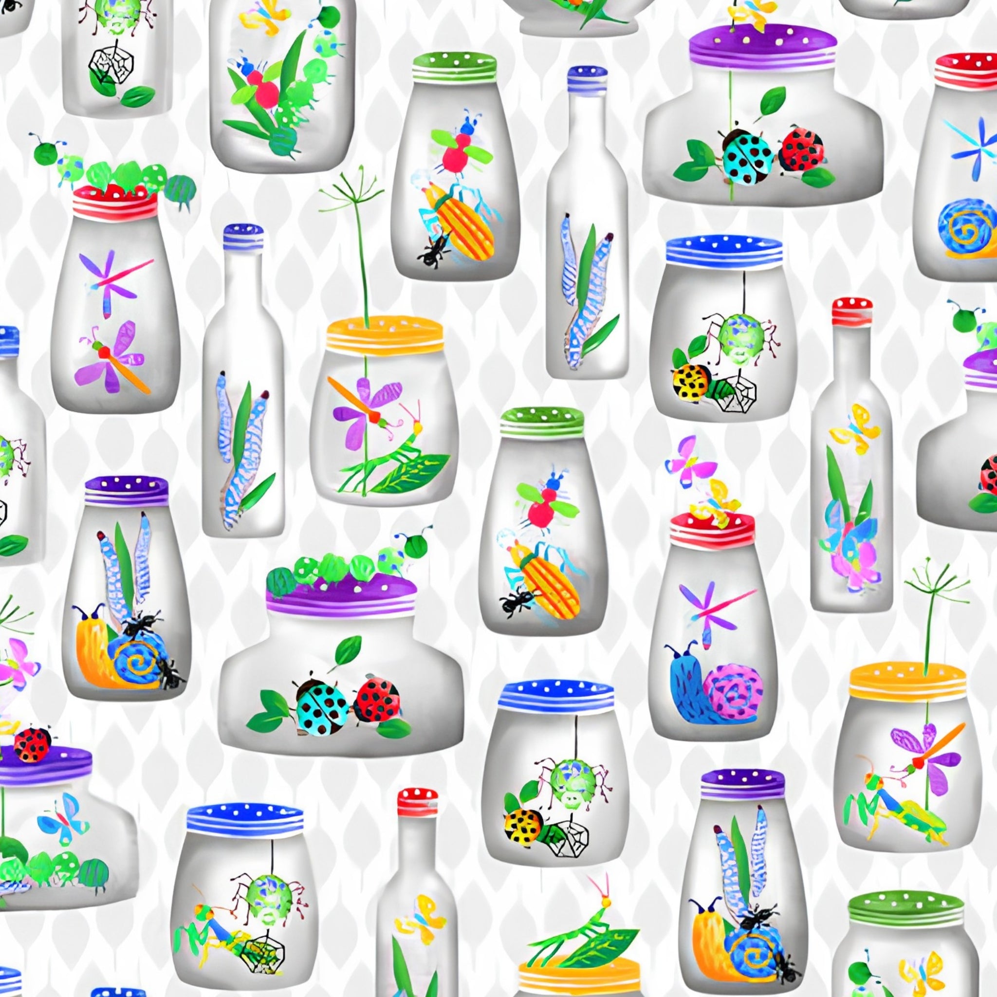Novelty bugs in jars ladybird dragonfly beetle snail insect multicolour white fabric for children's quilts and kids novelty patchwork projects