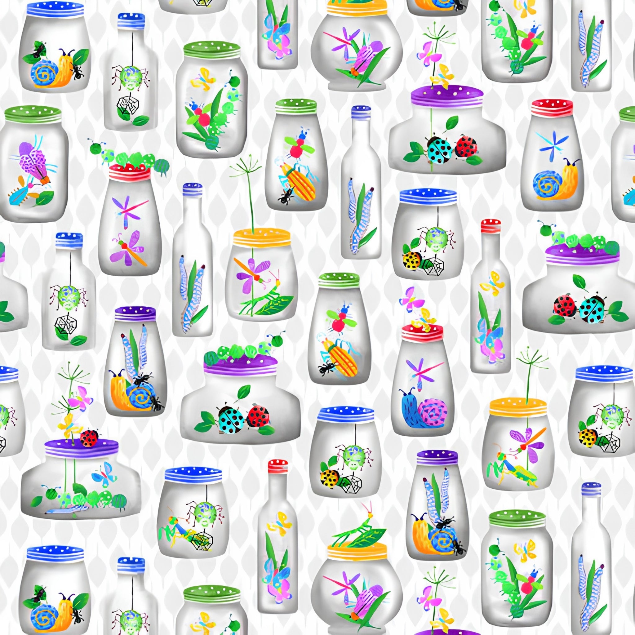 Novelty bugs in jars ladybird dragonfly beetle snail insect multicolour white fabric for children's quilts and kids novelty patchwork projects