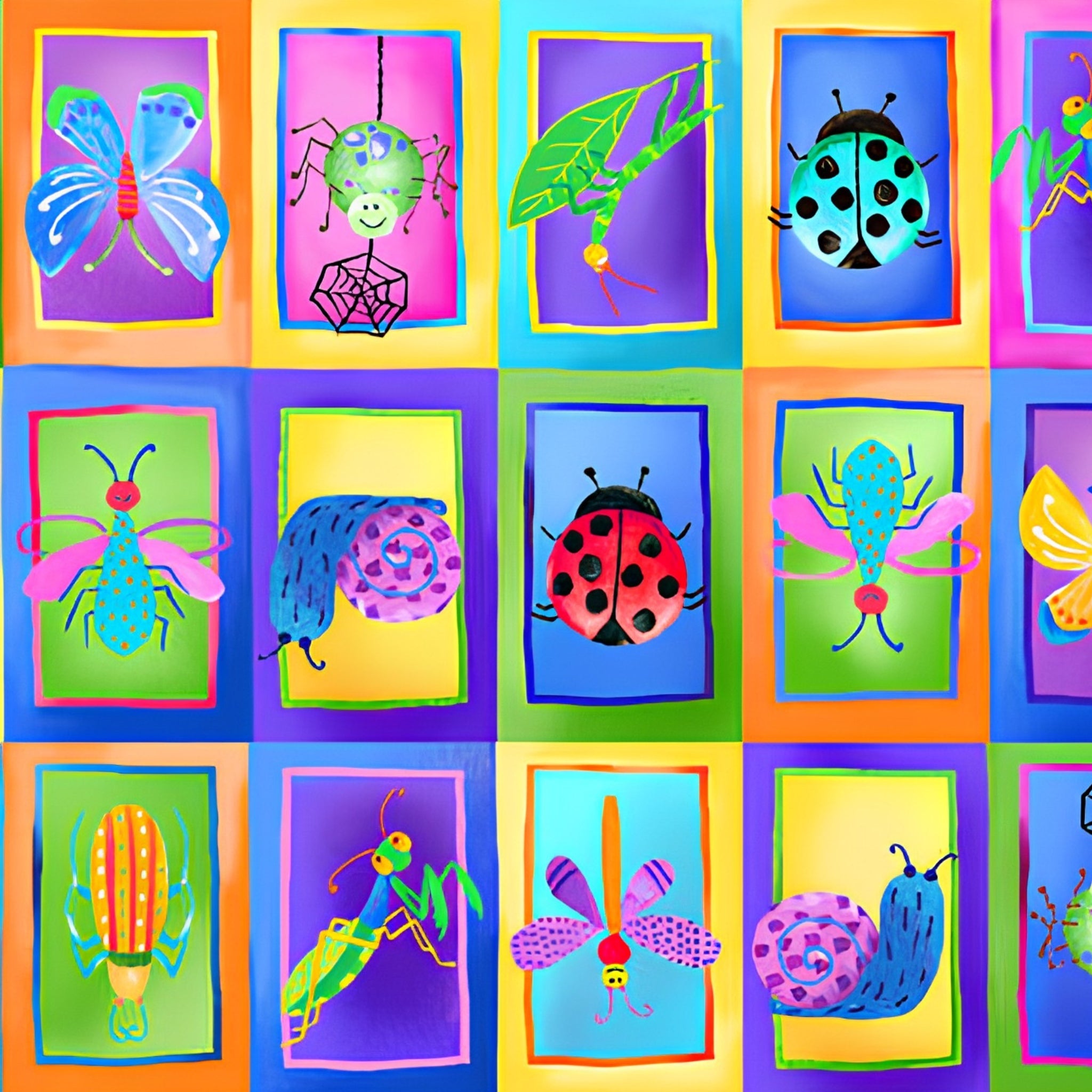 Novelty bugs in rectangles ladybird butterfly beetle dragonfly snail multicolour blue fabric for children's quilts and kids novelty patchwork projects