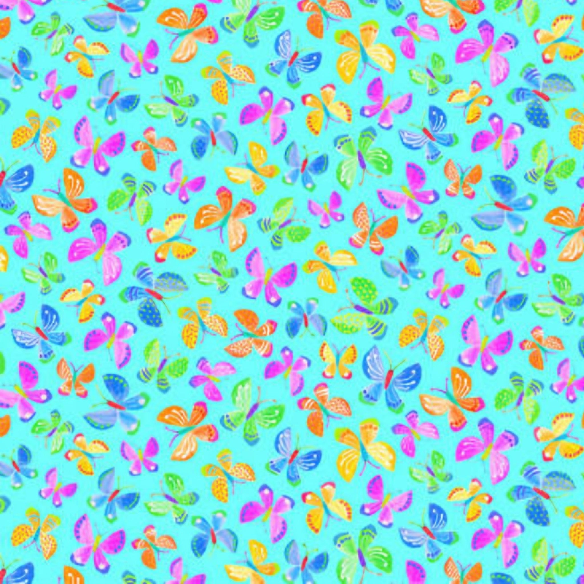 Novelty multicolour butterflies tossed light blue aqua fabric for children's quilts and kids novelty patchwork projects
