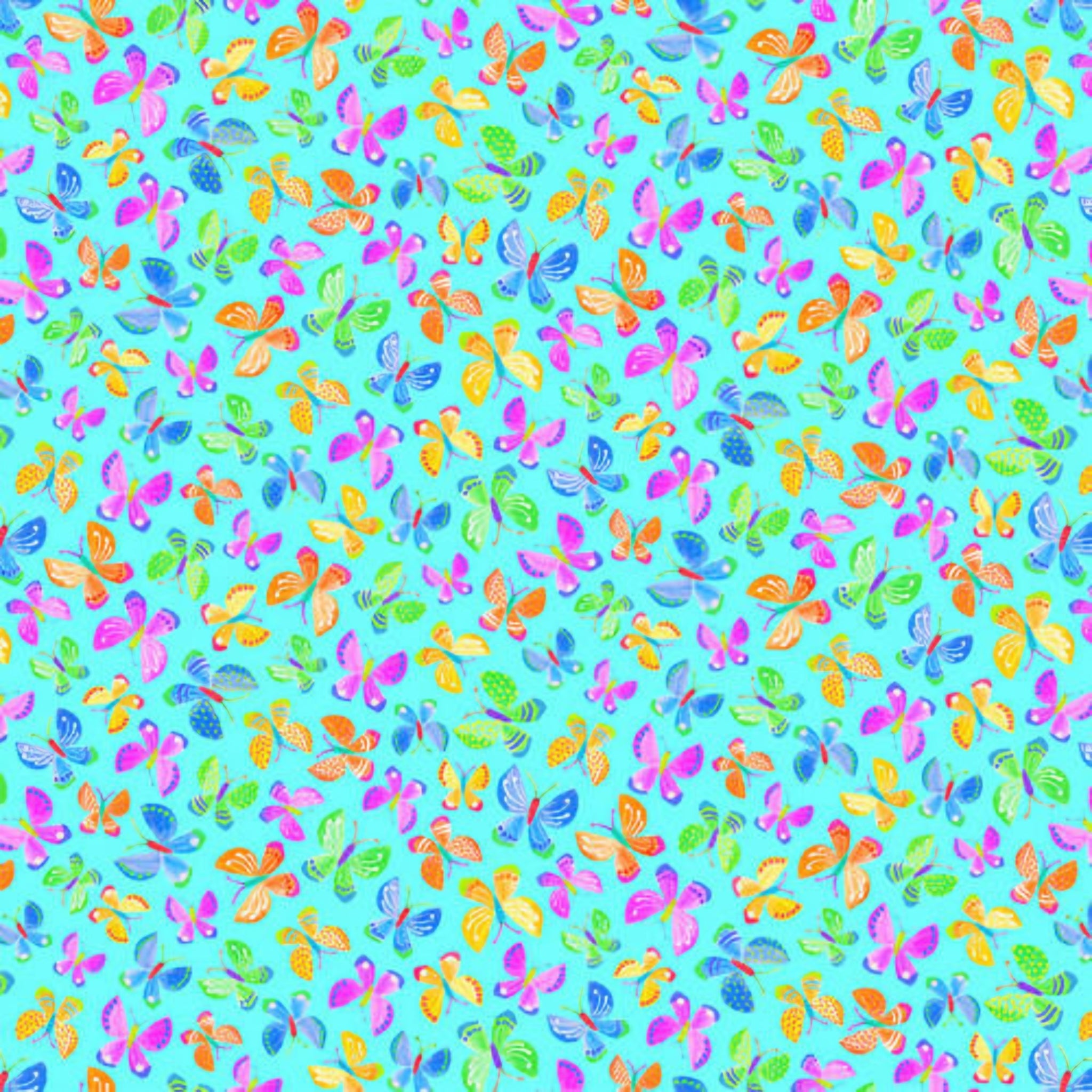 Novelty multicolour butterflies tossed light blue aqua fabric for children's quilts and kids novelty patchwork projects
