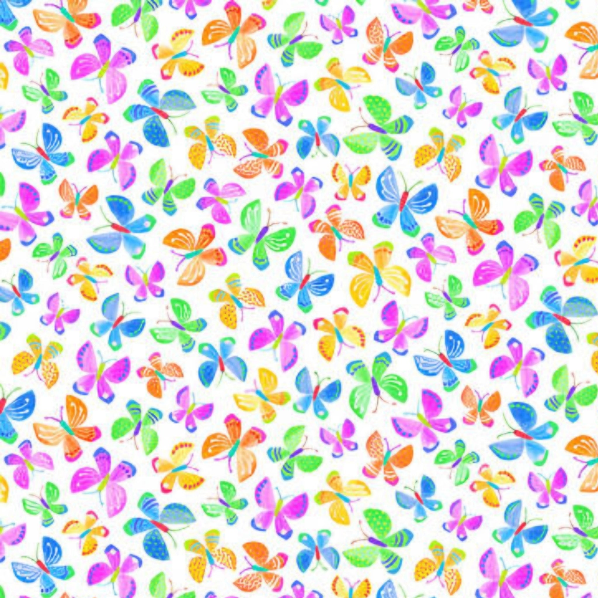 Novelty multicolour butterflies tossed white fabric for children's quilts and kids novelty patchwork projects