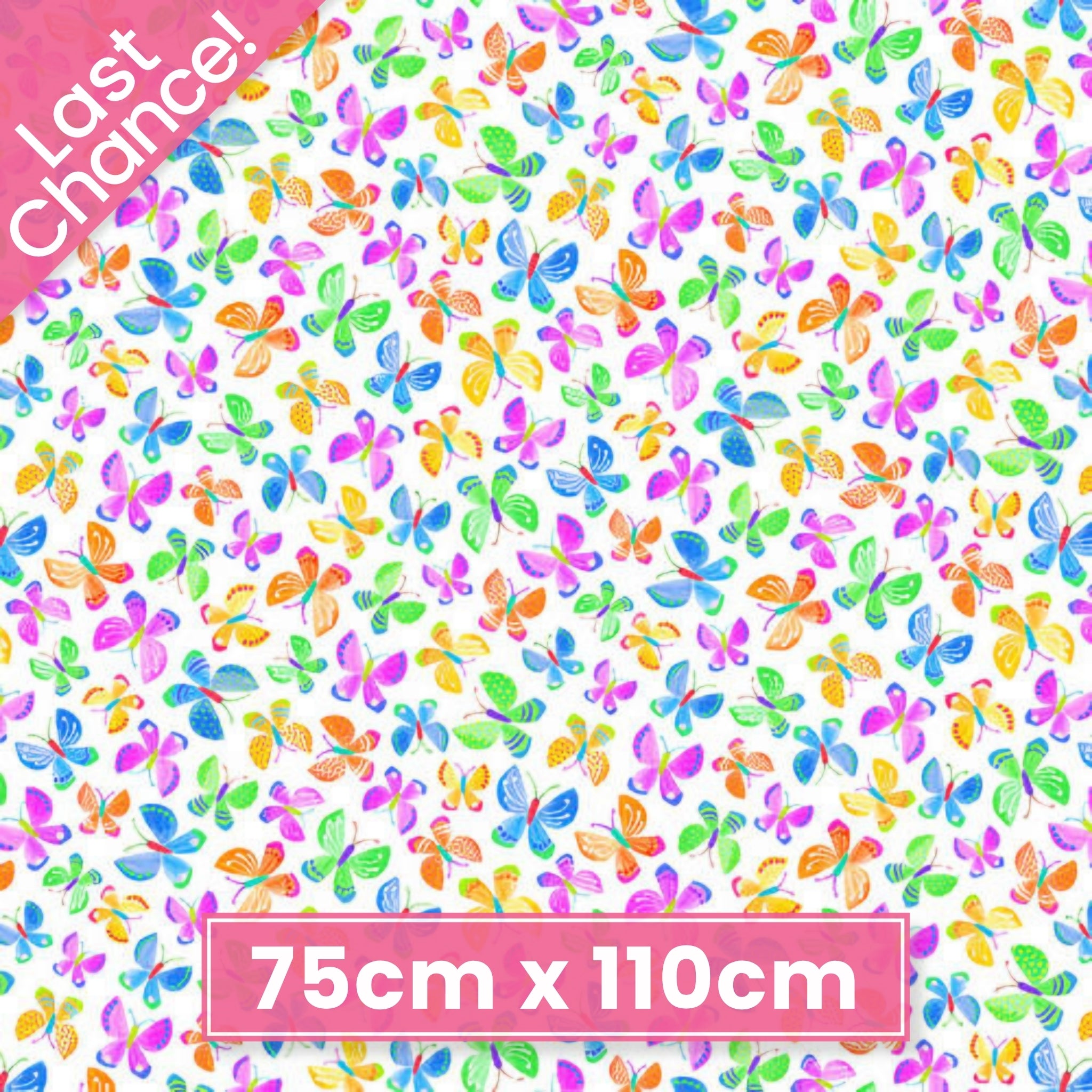 Novelty multicolour butterflies tossed white fabric for children's quilts and kids novelty patchwork projects