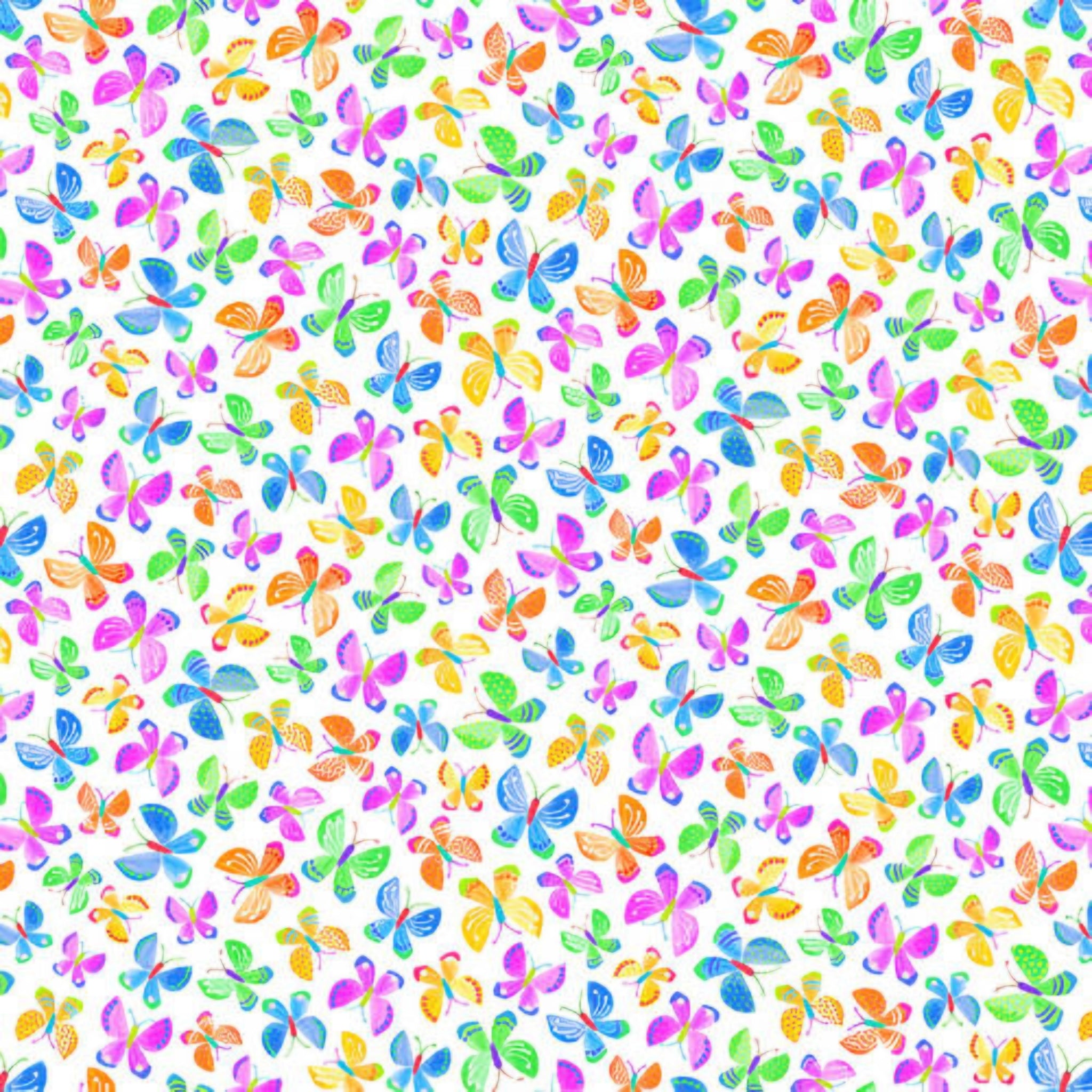 Novelty multicolour butterflies tossed white fabric for children's quilts and kids novelty patchwork projects