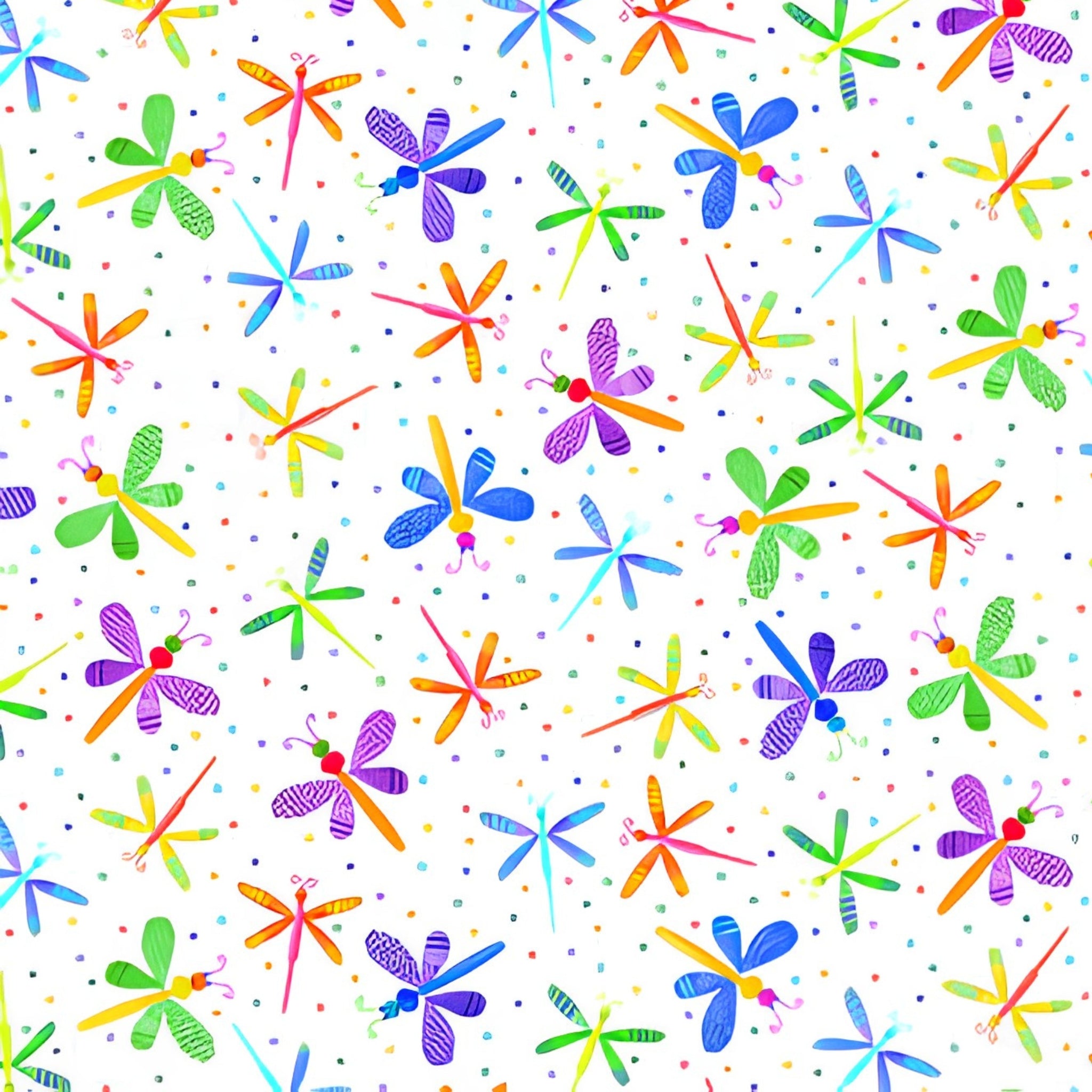Novelty multicolour dragonflies tossed white fabric for children's quilts and kids novelty patchwork projects