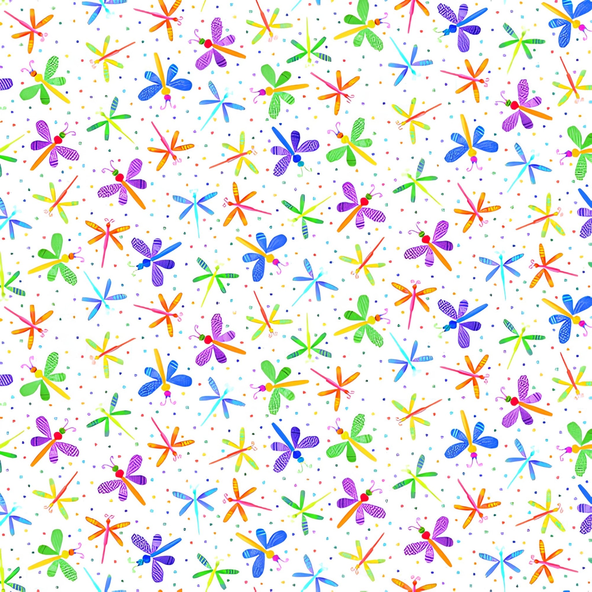 Novelty multicolour dragonflies tossed white fabric for children's quilts and kids novelty patchwork projects