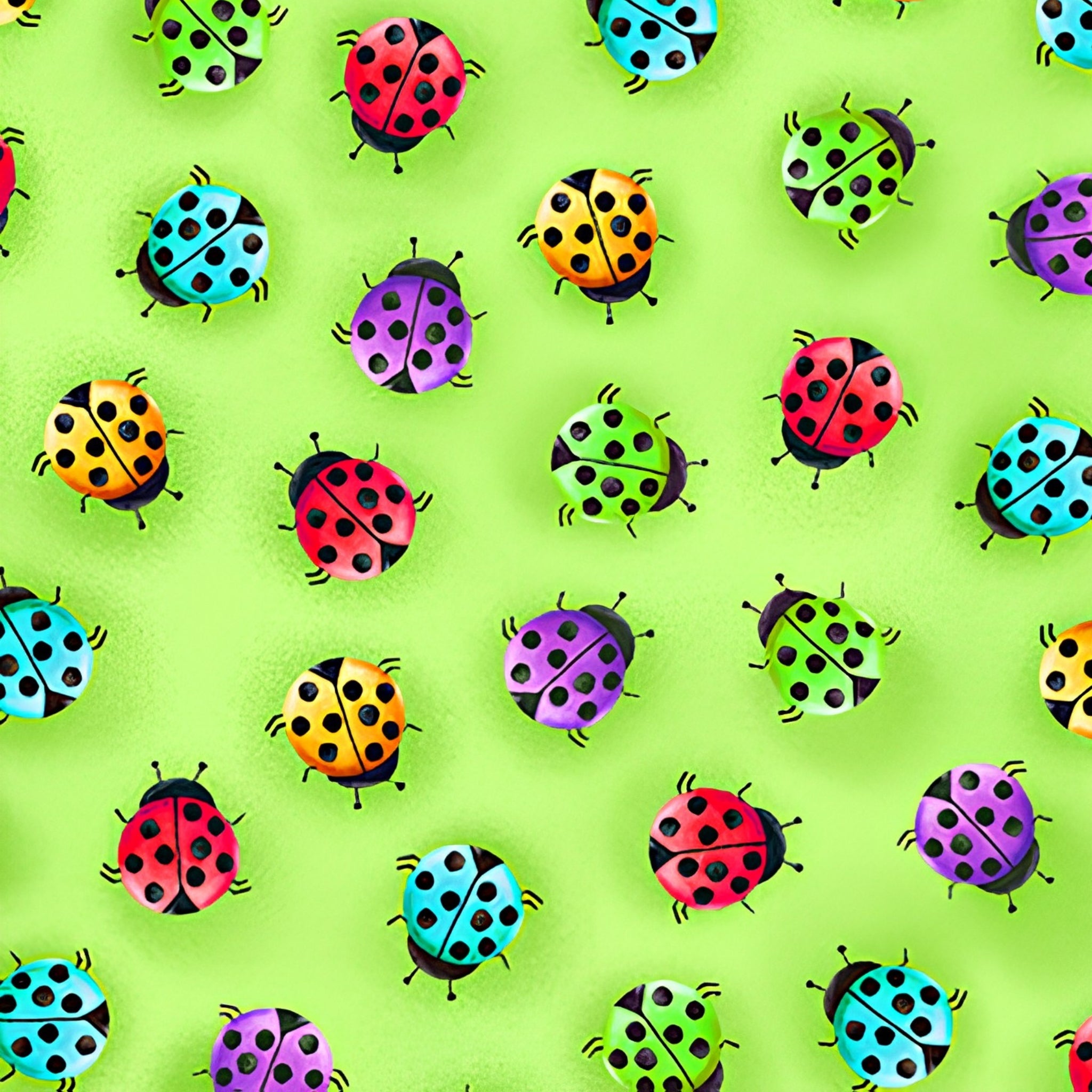 Novelty multicolour ladybugs tossed lime green fabric for children's quilts and kids novelty patchwork projects