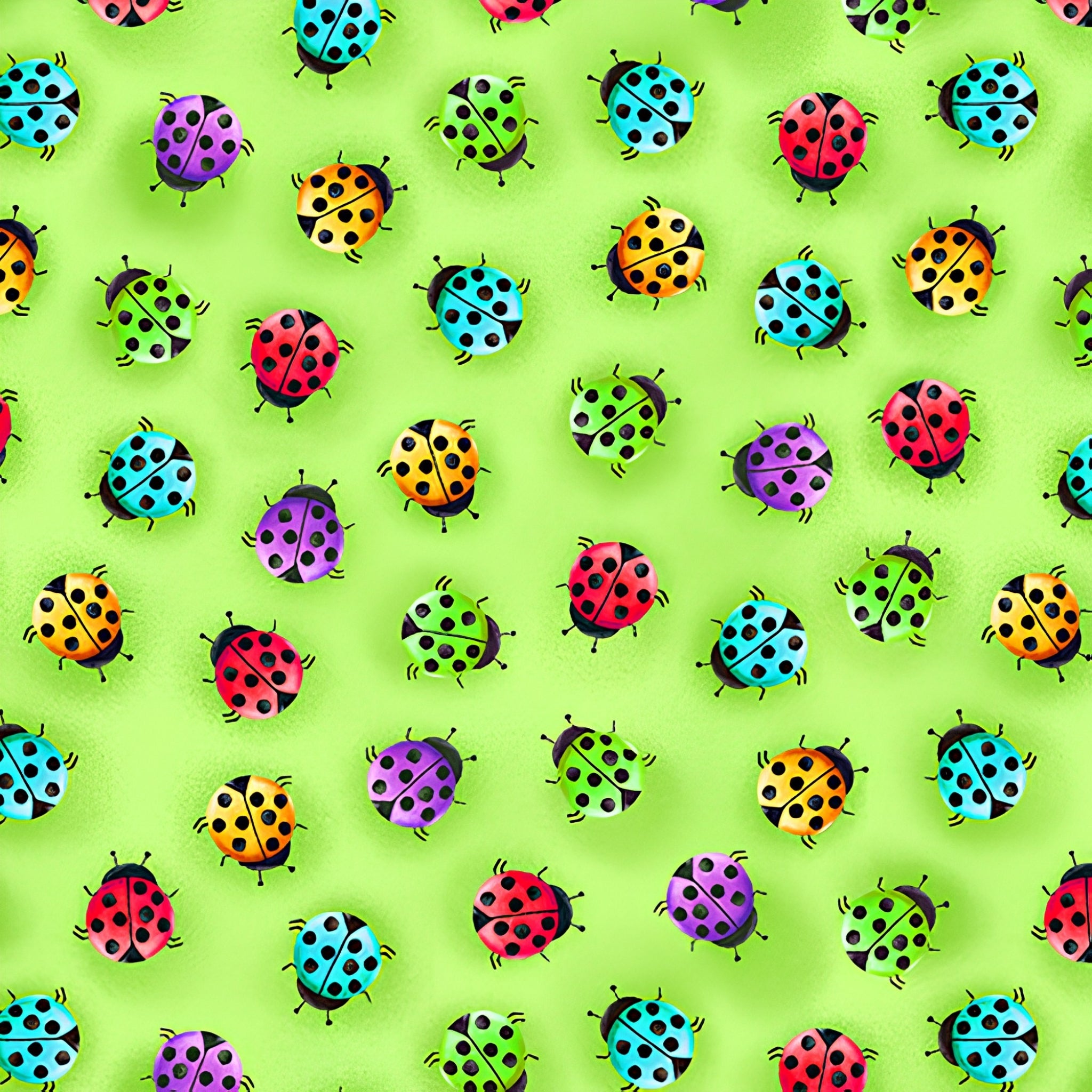 Novelty multicolour ladybugs tossed lime green fabric for children's quilts and kids novelty patchwork projects