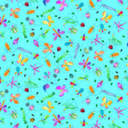 Novelty mixed insects butterflies dragonflies beetles ladybirds multicolour aqua blue fabric for children's quilts and kids novelty patchwork projects