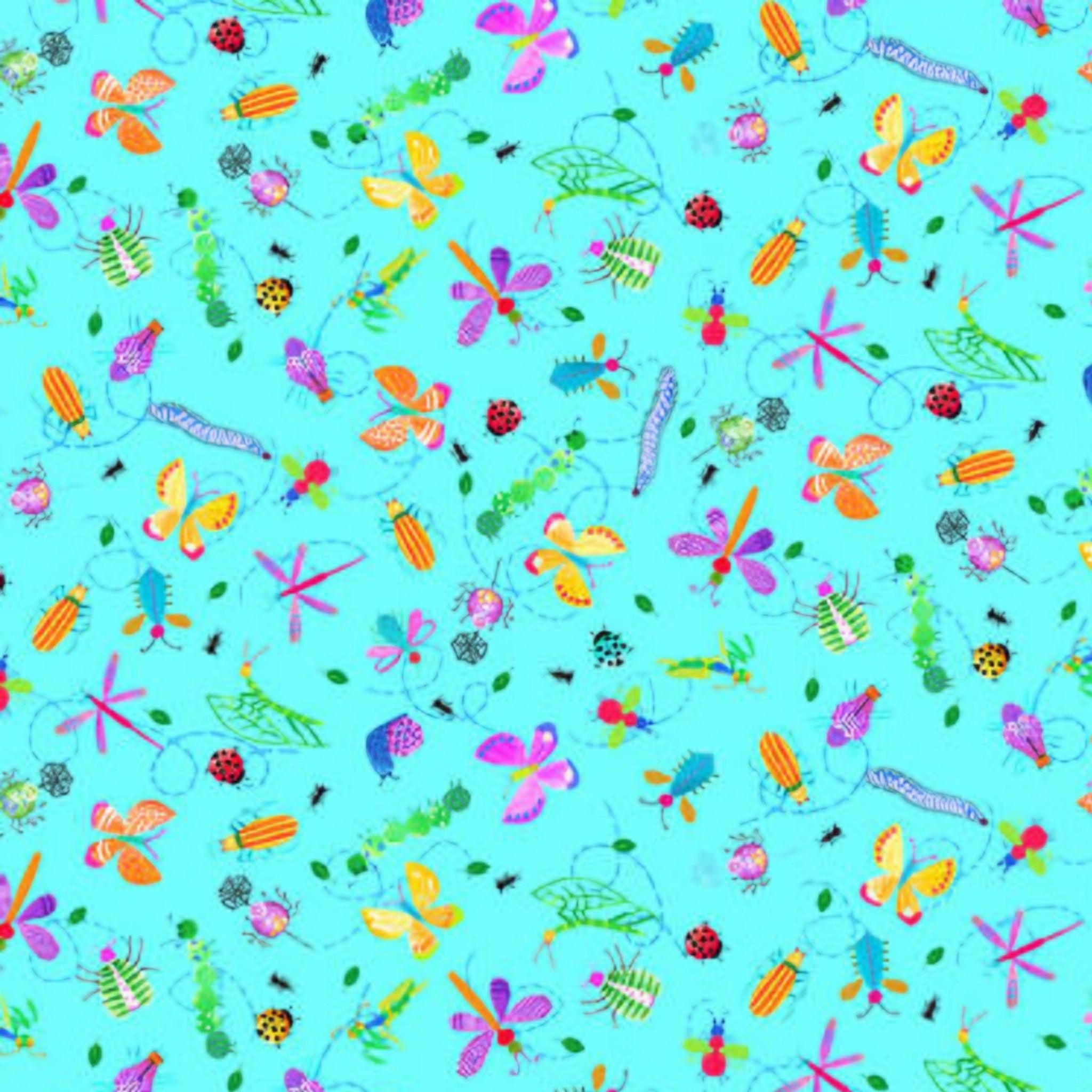 Novelty mixed insects butterflies dragonflies beetles ladybirds multicolour aqua blue fabric for children's quilts and kids novelty patchwork projects