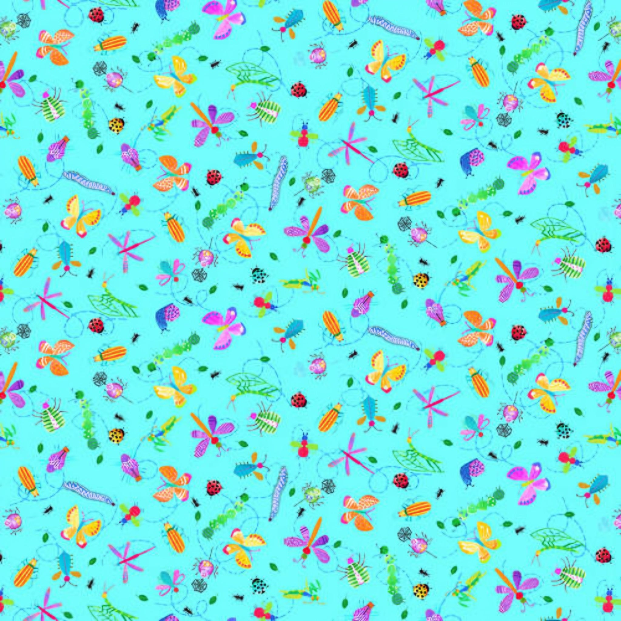 Novelty mixed insects butterflies dragonflies beetles ladybirds multicolour aqua blue fabric for children's quilts and kids novelty patchwork projects
