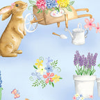 Cute brown bunnies spring garden blue fabric with potted flowers butterflies picket fences watering cans for children's quilts Easter projects and nursery décor