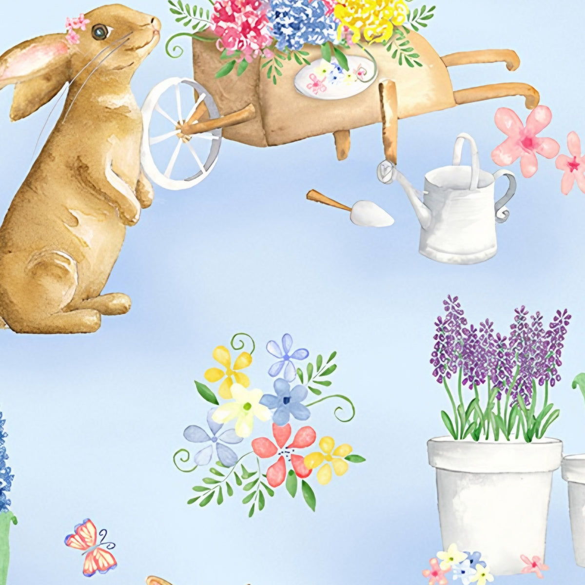 Cute brown bunnies spring garden blue fabric with potted flowers butterflies picket fences watering cans for children's quilts Easter projects and nursery décor