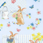 Cute brown bunnies spring garden blue fabric with potted flowers butterflies picket fences watering cans for children's quilts Easter projects and nursery décor