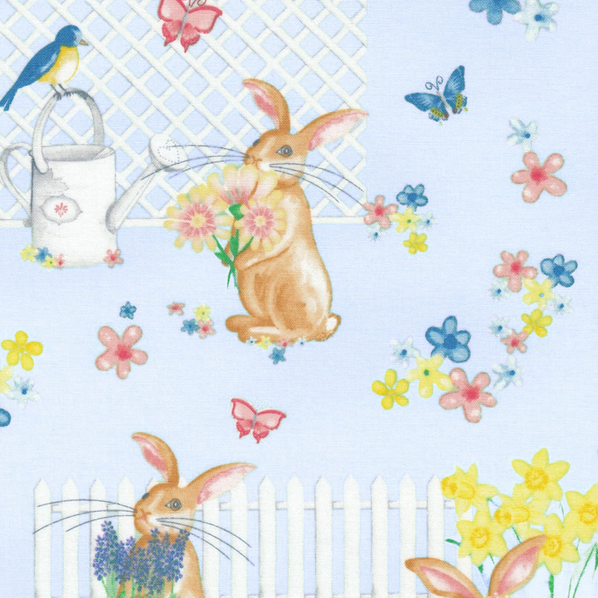 Cute brown bunnies spring garden blue fabric with potted flowers butterflies picket fences watering cans for children's quilts Easter projects and nursery décor