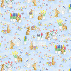 Cute brown bunnies spring garden blue fabric with potted flowers butterflies picket fences watering cans for children's quilts Easter projects and nursery décor