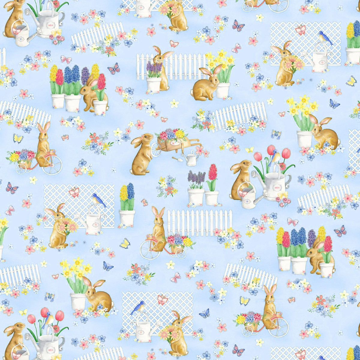 Cute brown bunnies spring garden blue fabric with potted flowers butterflies picket fences watering cans for children's quilts Easter projects and nursery décor